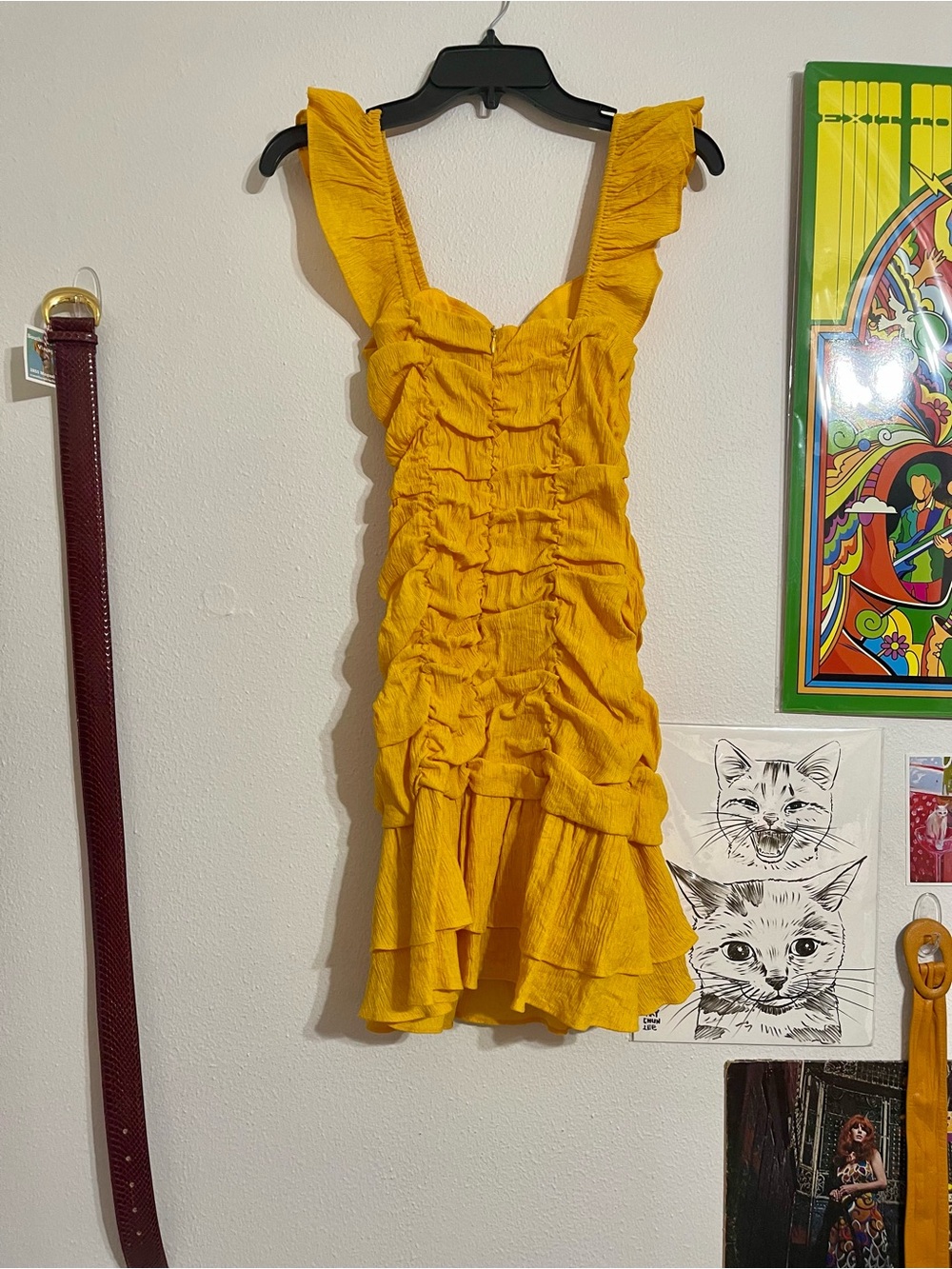 Ruched Ruffled Gold Mini Dress - Picture 3 of 3